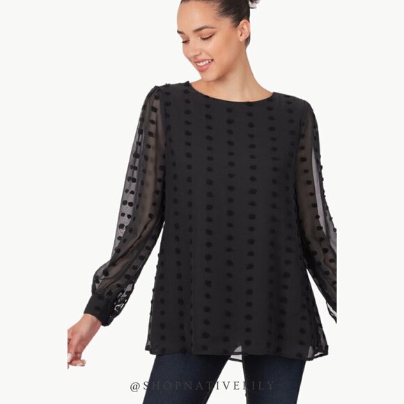 Zenana Outfitters Tops - Zenana Swiss Dot Blouse Size Medium Black Sheer Sleeve Pearl Button NWT